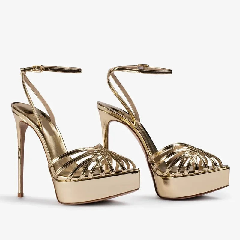 Pointed toe platform sandal with narrow band and thin heel