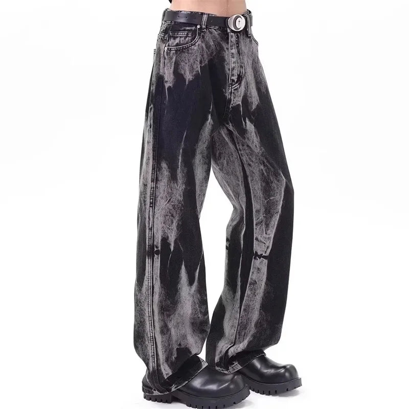Spring Men's Goth Black Tie-dye Jeans Hip Hop Fashion Gradient Wide-leg Denim Pants 2025 New Y2K Vintage Baggy Jean Hombre