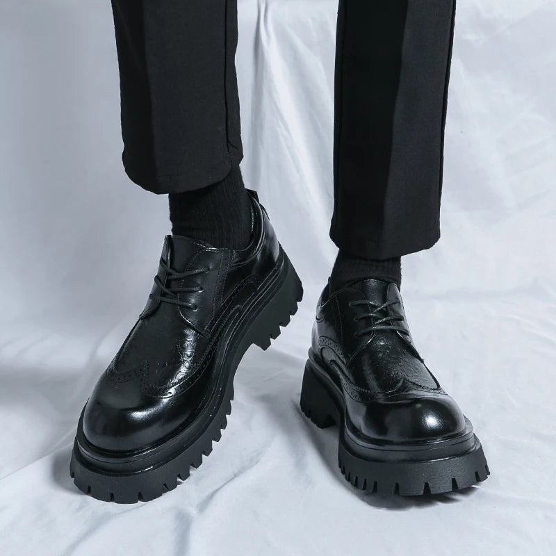 Thick soled casual men's leather shoes Classic Black Brown style Leisure Business Office Height increasing groomsmen shoes