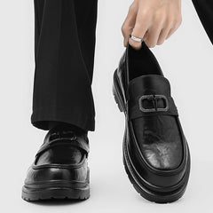 Men's Black Leather Loafers Niche Edgy Style Diamond Buckle Decor Chunky Sole Comfy Cushioned Insole Trendy Young Vibe Casual