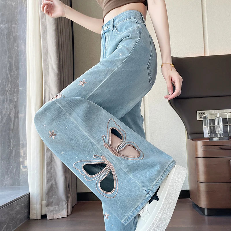 High waist wide-leg jeans with diamond stud and butterfly embroidery