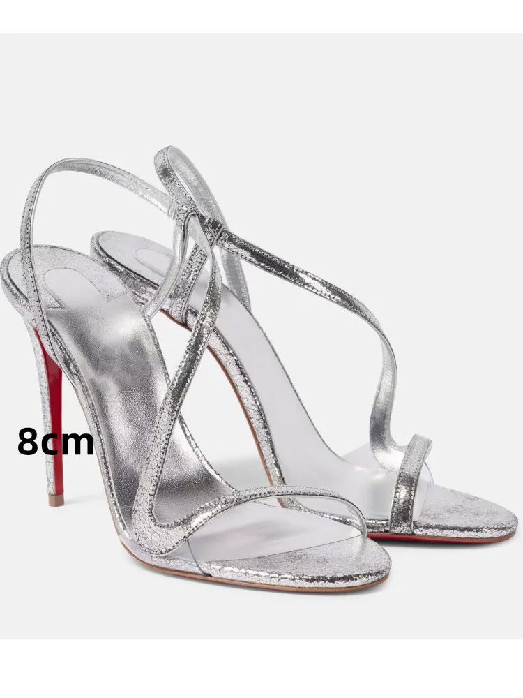 Stiletto sandal in multi-color serpentine straw