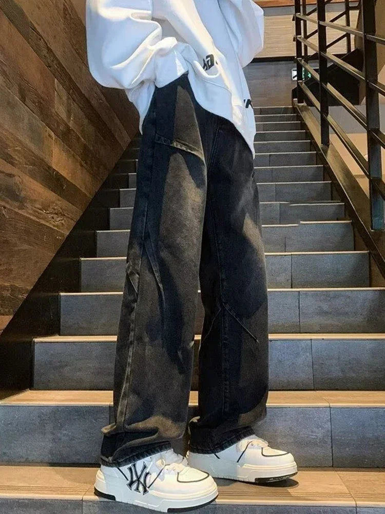 New Hip Hop Fashion Drawstring Jeans Men's Streetwear Vintage Wide Leg Straight Denim Trousers Y2K Baggy Pantalones Hombre