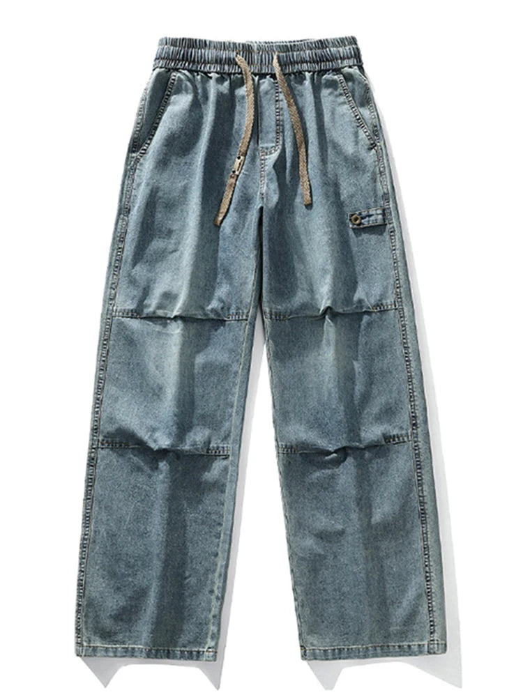Autumn Men's Hip Hop Fashion Pleated Jeans High Street Straight-Leg Baggy Denim Trousers 2026 New Casual Drawstring Y2K jean