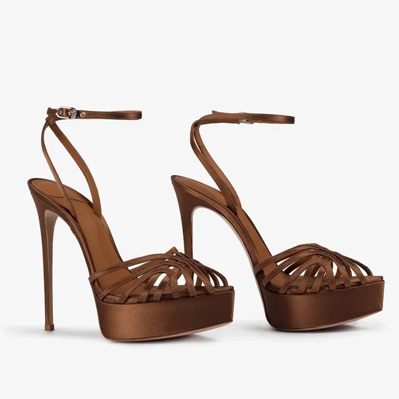 Pointed toe platform sandal with narrow band and thin heel