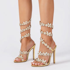 Peep toe butterfly knot crystal sandal with thin heel
