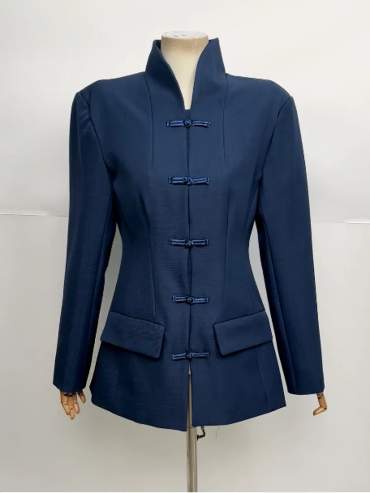 Mandarin collar frog button slim fit blazer