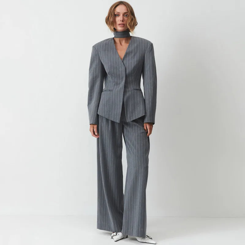 Pinstripe blazer two-piece set with choker neck and wide-leg pants