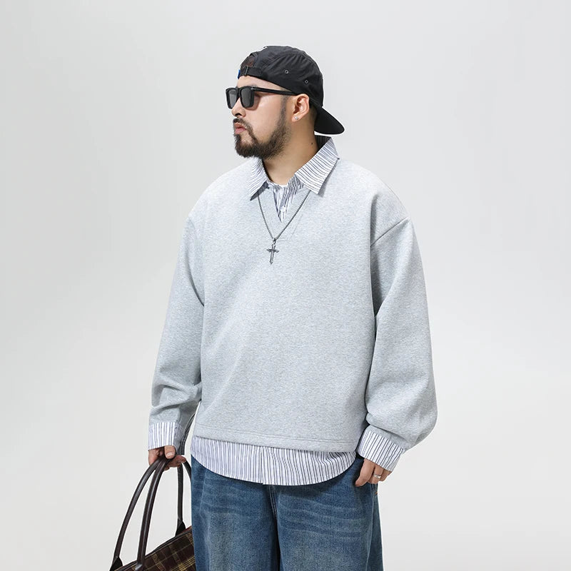 Autumn Splice Stripe Shirt Collar Oversize Sweatshirt Men Loose Casual Streetwear Fashion Pullover Sweatshirts Hoodie Tops
