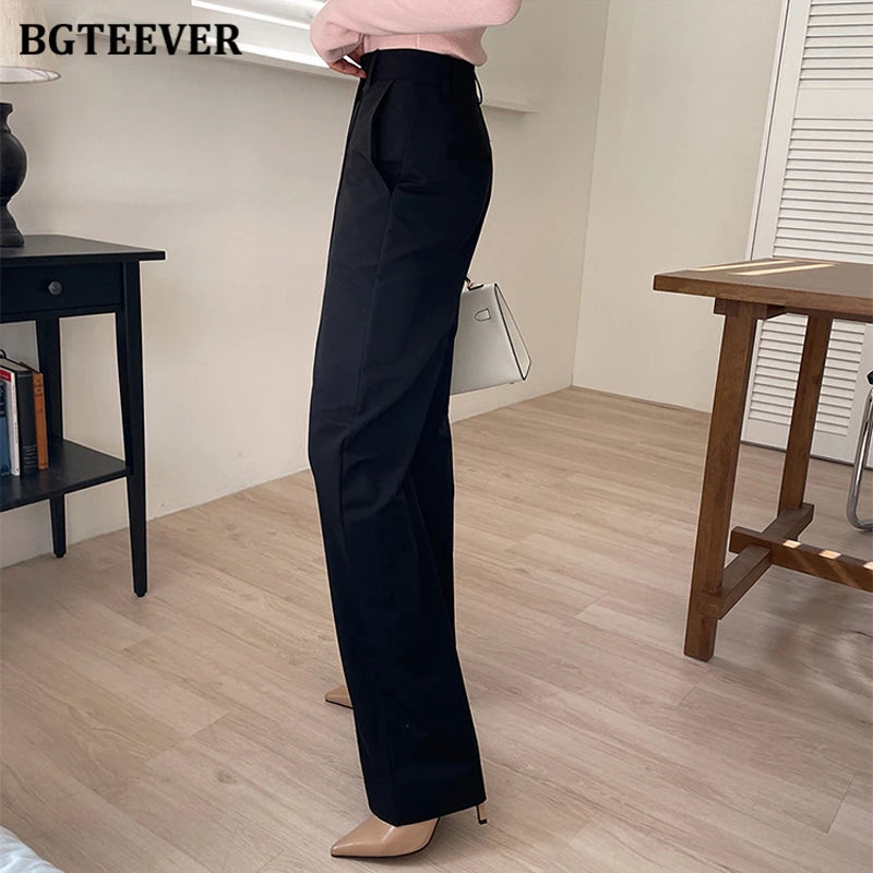 High waist straight suit pants with pockets for office wear