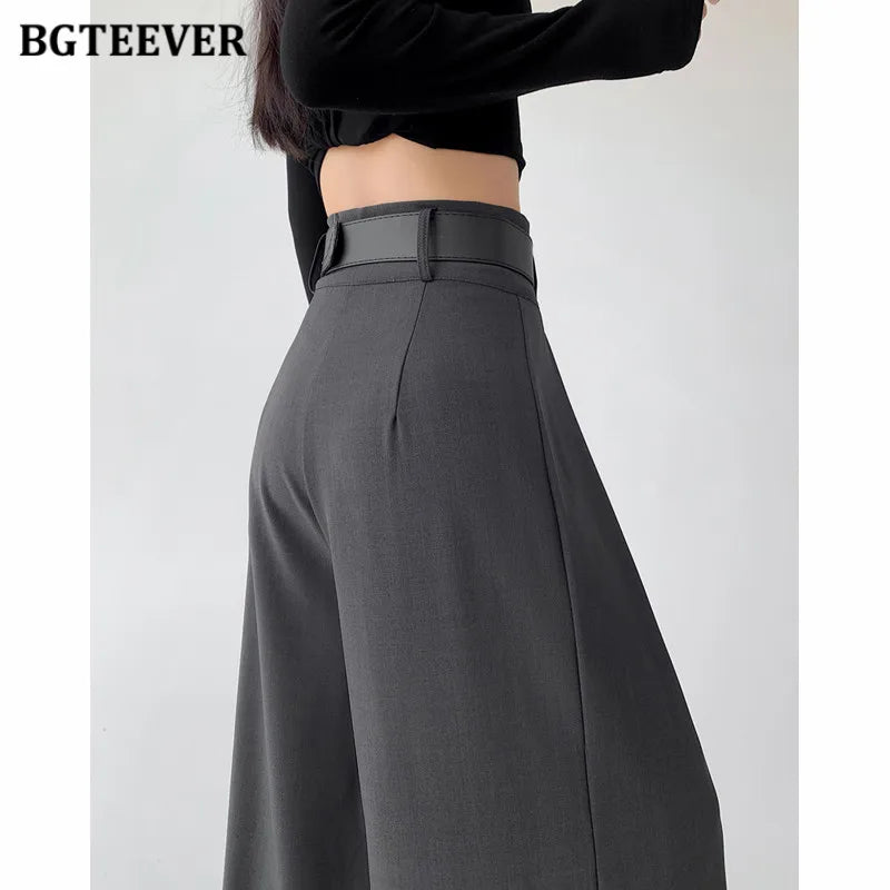 High waist wide-leg solid long trousers with pockets