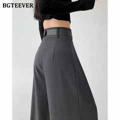 High waist wide-leg solid long trousers with pockets