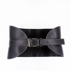 Wide waist belt in top-stitched leather with pin buckle in black