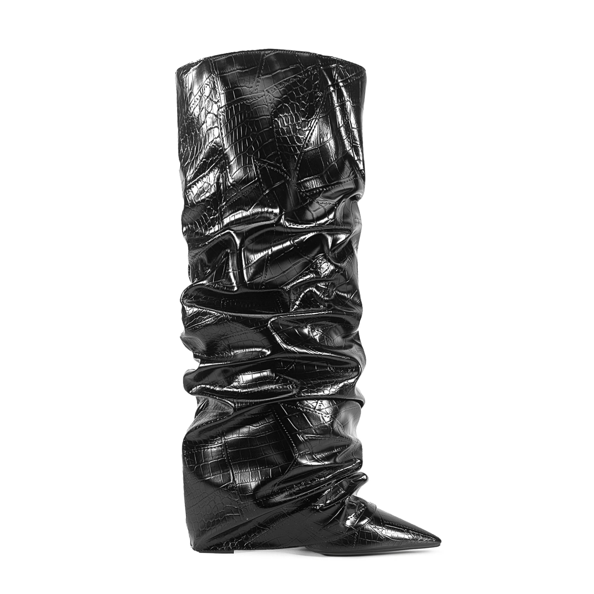 Pointed toe knee-high pleated boot with chunky heel in stone microfiber