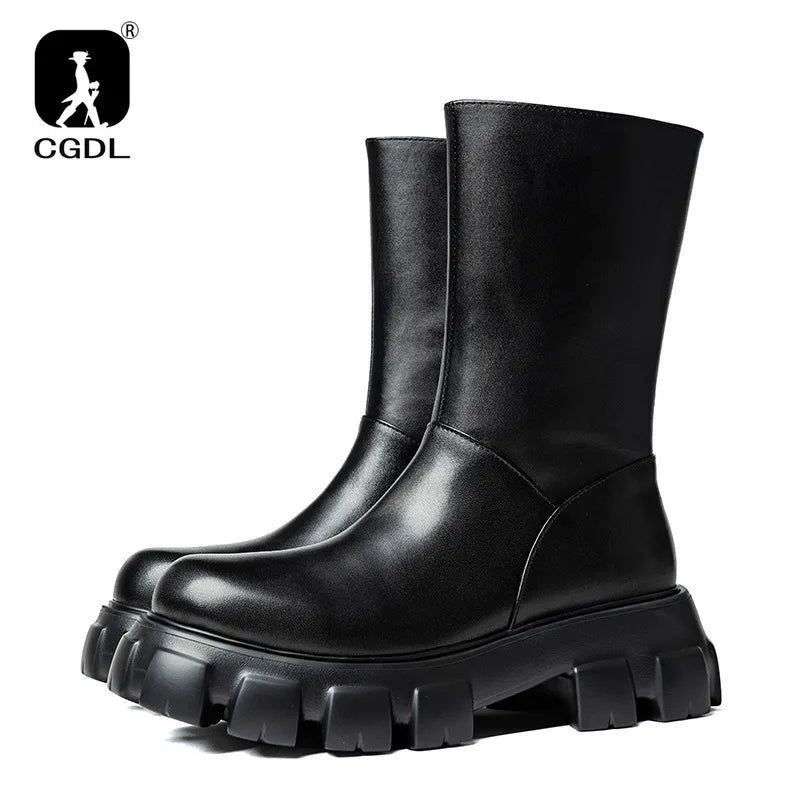 Thick Soled Platform Mens Boots Luxury Designer Square Head Soft Leather Chelsea Boots Fashion Trends Mens Street High Top Shoes