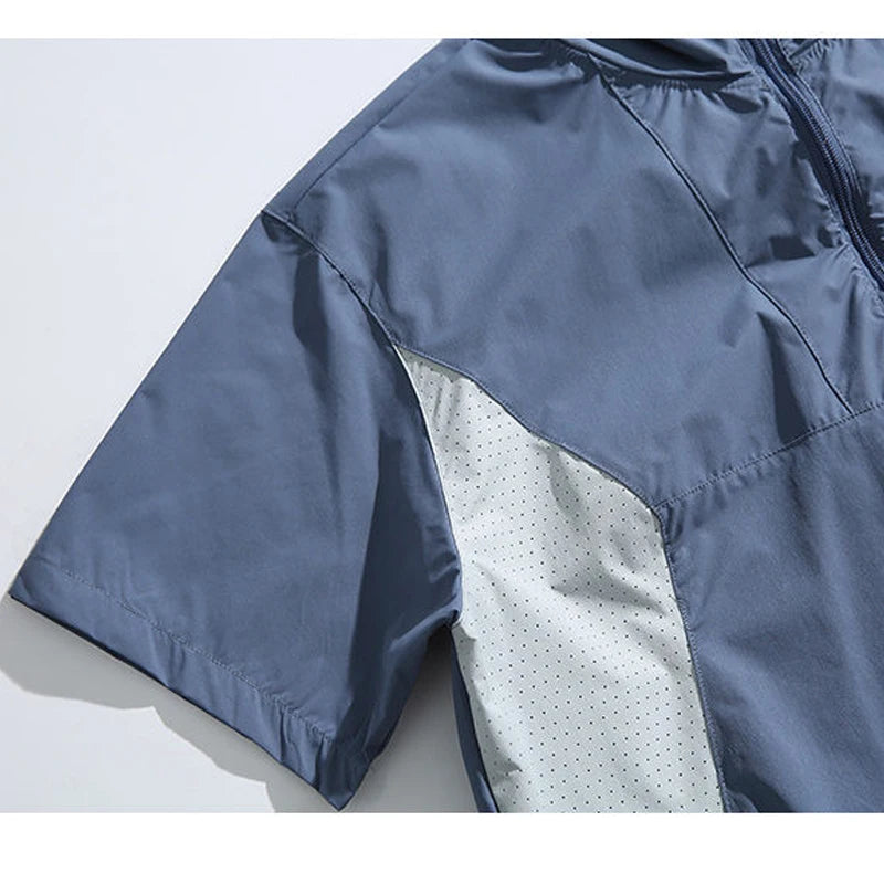 Summer New Japanese Style Color Block Hooded Windbreaker - Men's Casual Short Sleeve Outdoor Sports Jacket