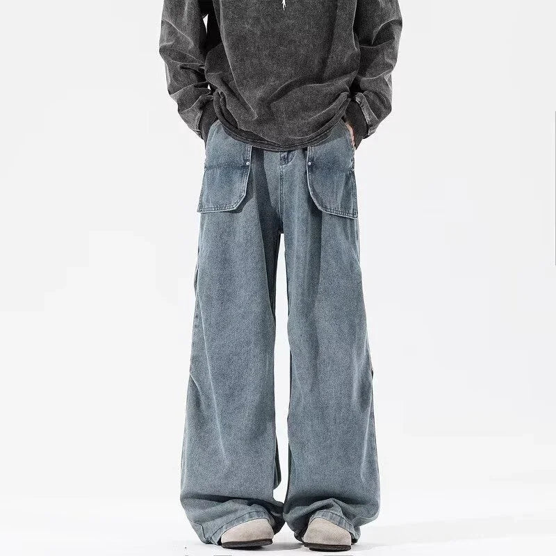 Autumn Men's Multi-pocket Straight-leg Cargo Jeans Y2K Vintage Pleated Design Baggy Jean 2025 High Street Fashion Denim Pants