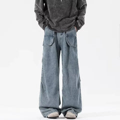 Autumn Men's Multi-pocket Straight-leg Cargo Jeans Y2K Vintage Pleated Design Baggy Jean 2025 High Street Fashion Denim Pants