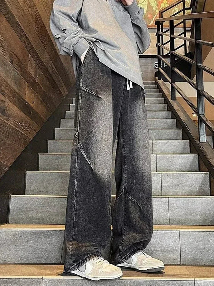 New Hip Hop Fashion Drawstring Jeans Men's Streetwear Vintage Wide Leg Straight Denim Trousers Y2K Baggy Pantalones Hombre