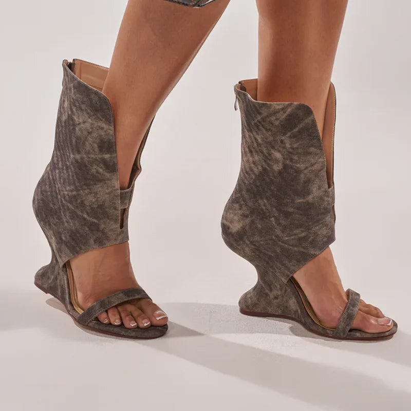 One-strap hollow sandal boot with side zipper in leather