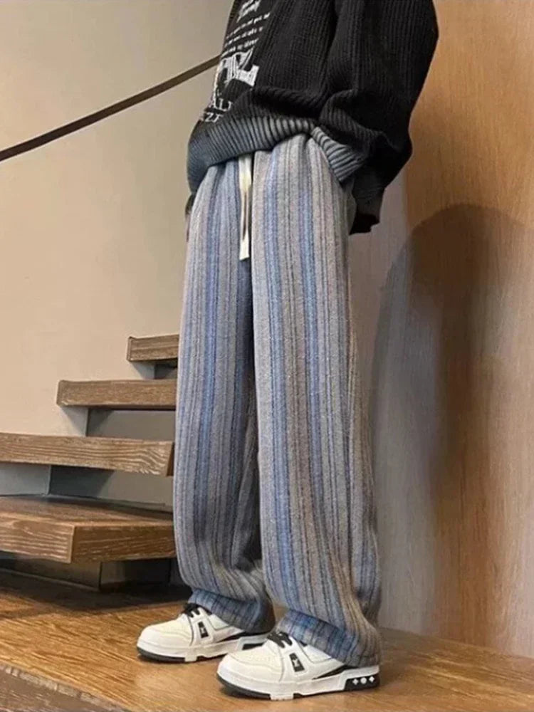 2026 New Men's Striped Woolen Straight Leg Trousers Classic Y2K Vintage Baggy Pants Casual High Street Fashion Gym Sweatpants