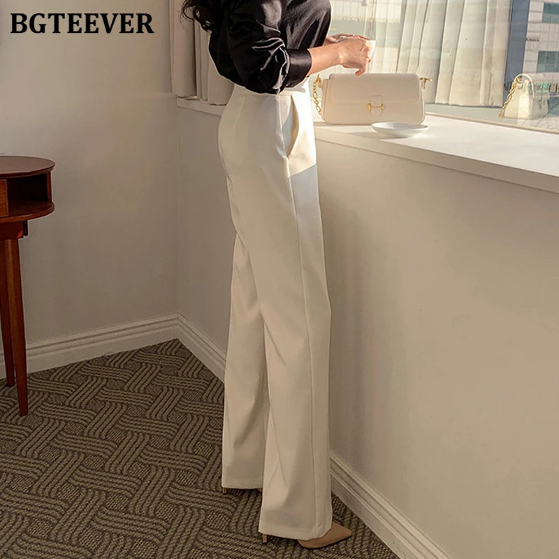 High waist wide-leg solid suit pants with pockets in loose fit