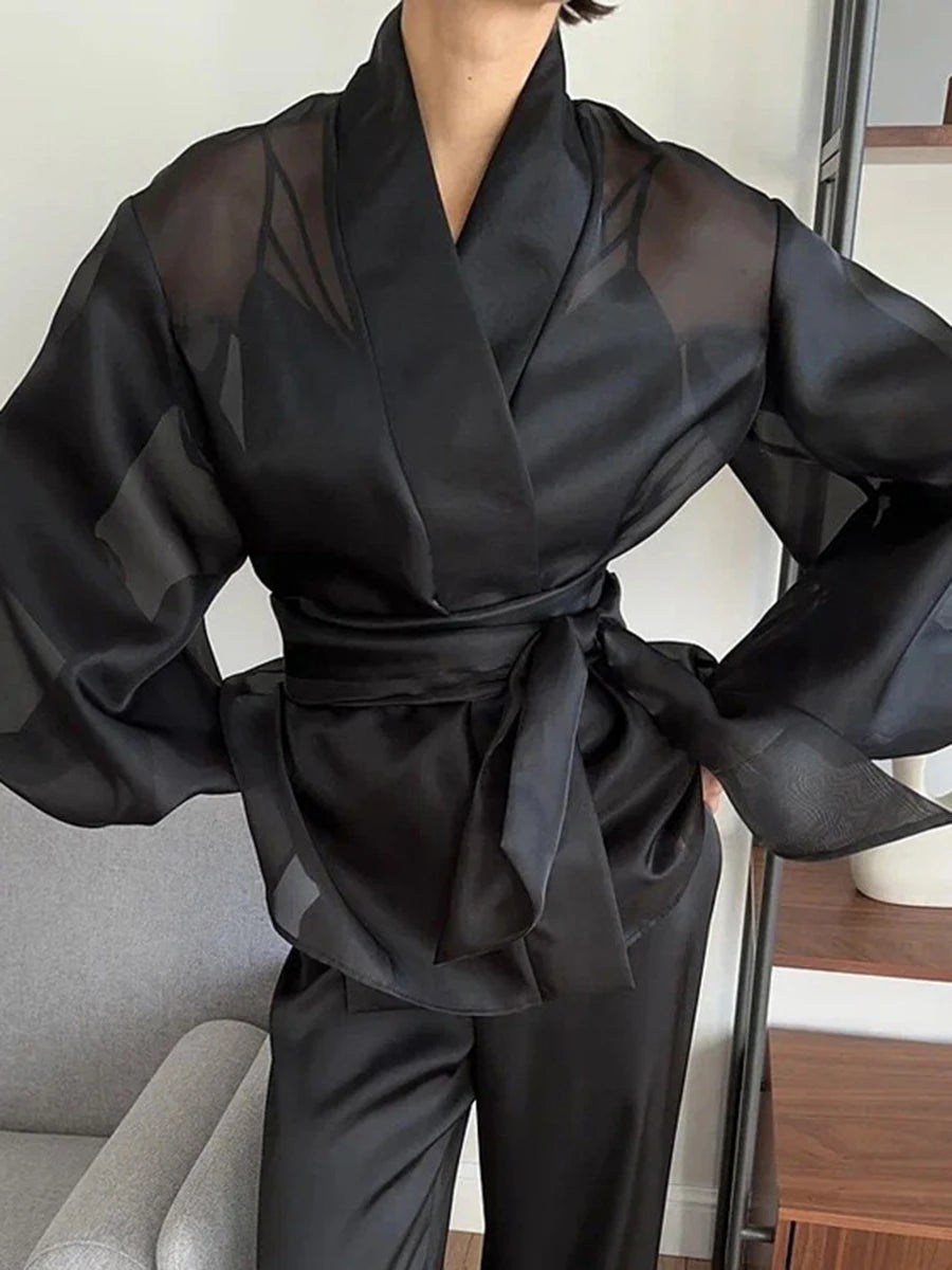 TWOTWINSTYLE Black Loose Spliced Lace Up Shirts for Women V Neck Long Sleeve French Temperament Shirt Female Autumn Fashion New