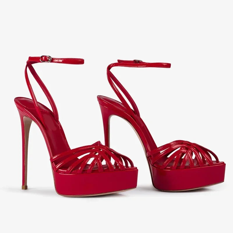 Pointed toe platform sandal with narrow band and thin heel