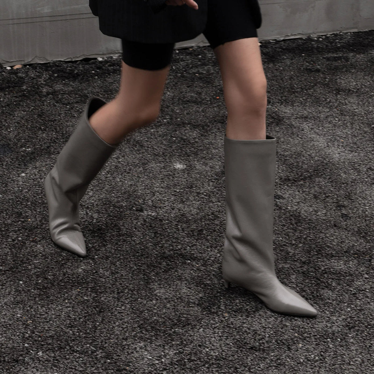 Pointed toe knee-high boot with kitten heel in cowhide
