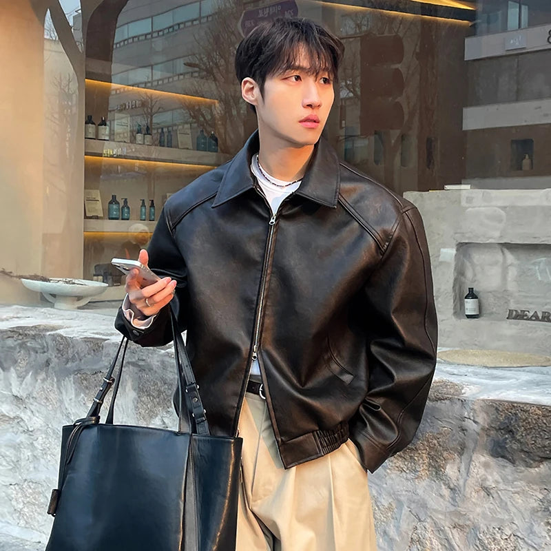 IEFB High Street Men's PU Leather Coats Turn-down Collar Double-ended Zipper Design Silhouette Solid Color Male Jackets 9X649
