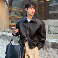 IEFB High Street Men's PU Leather Coats Turn-down Collar Double-ended Zipper Design Silhouette Solid Color Male Jackets 9X649