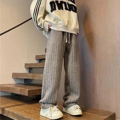 2026 New Men's Striped Woolen Straight Leg Trousers Classic Y2K Vintage Baggy Pants Casual High Street Fashion Gym Sweatpants
