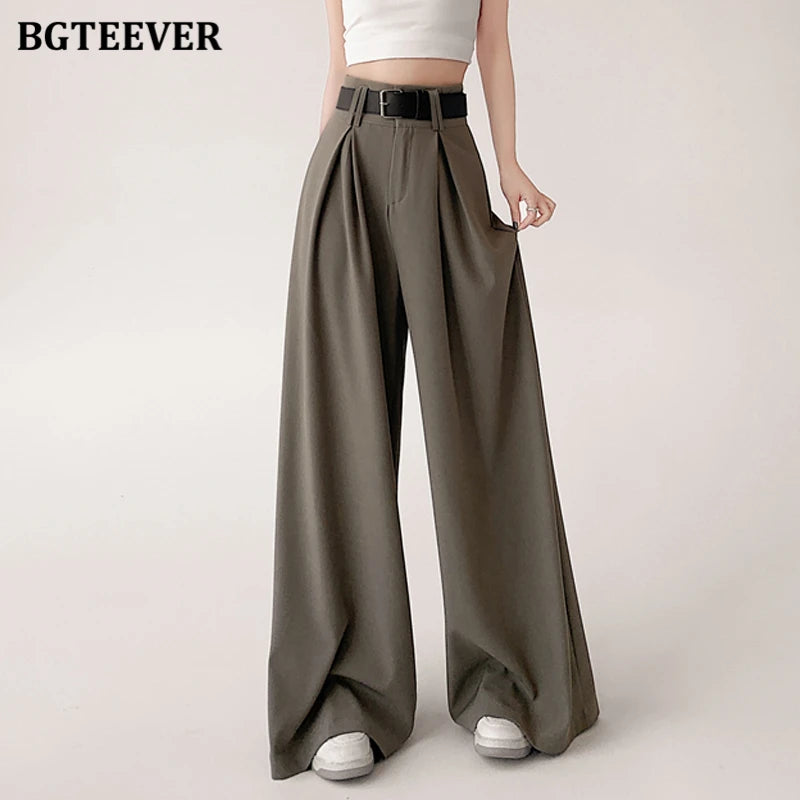 High waist wide-leg solid long trousers with pockets