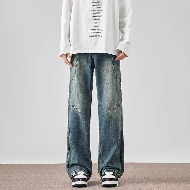 Spring Men's Vintage Multi-Pocket Cargo Jeans Y2K Vintage Distressed Baggy Denim Pants 2025 High Street Straight Wide Leg Jean