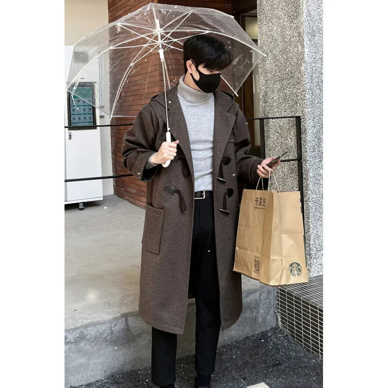 Korean-style Woolen Trench Men Horn Button Casual Long Windbreaker Winter Hooded Jacket Coats Fashion Trenchcoat
