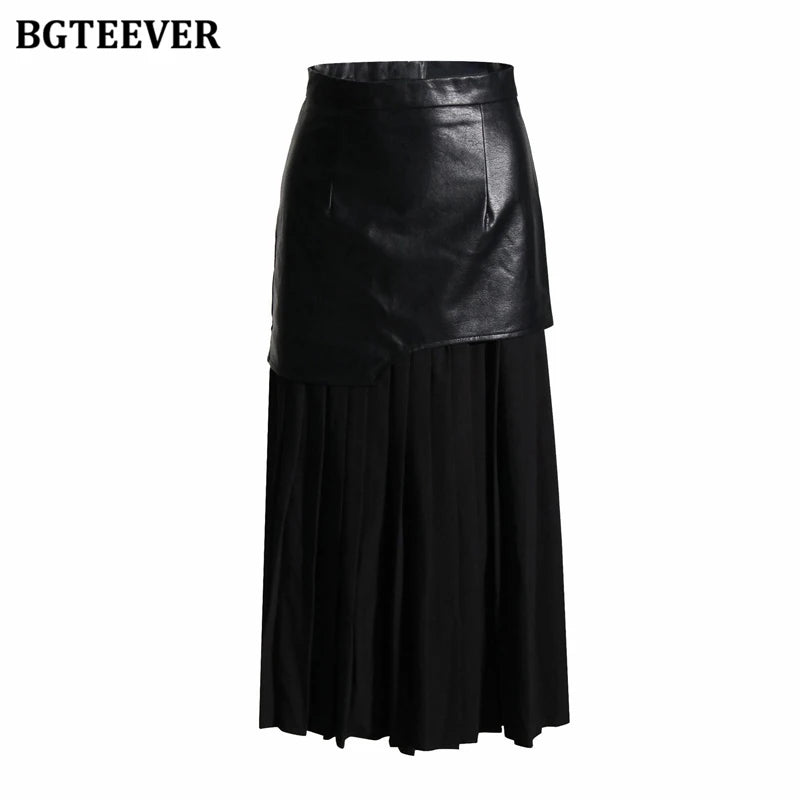 A-line mid-length pleated skirt in PU leather patchwork with high waist