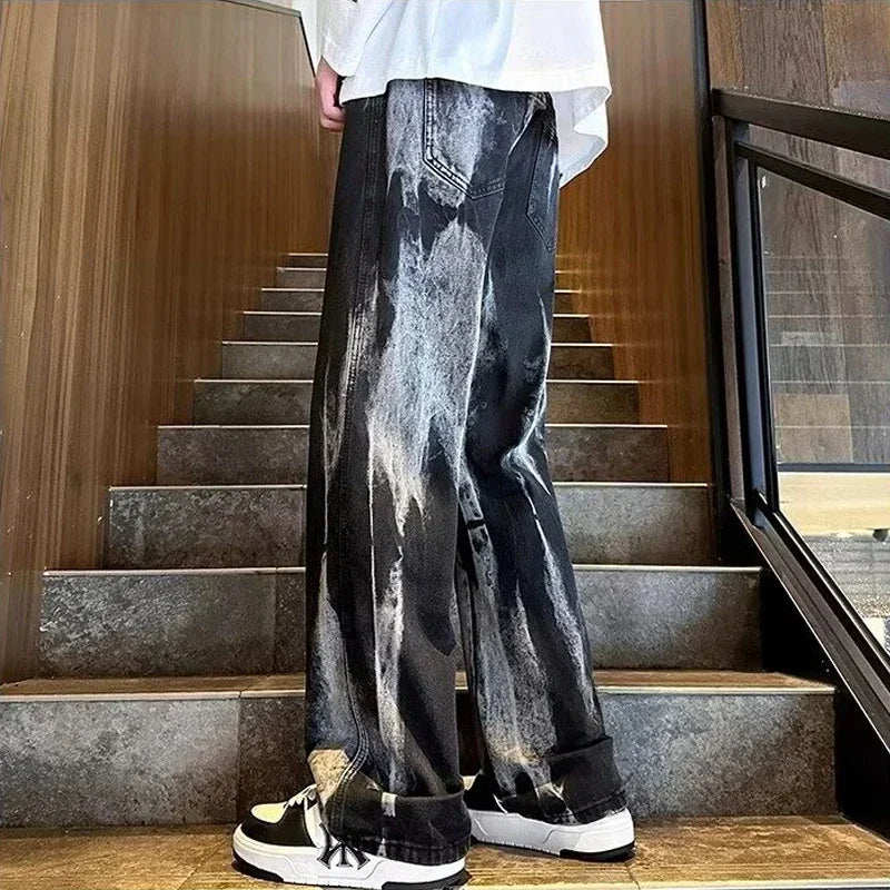Spring Men's Goth Black Tie-dye Jeans Hip Hop Fashion Gradient Wide-leg Denim Pants 2025 New Y2K Vintage Baggy Jean Hombre