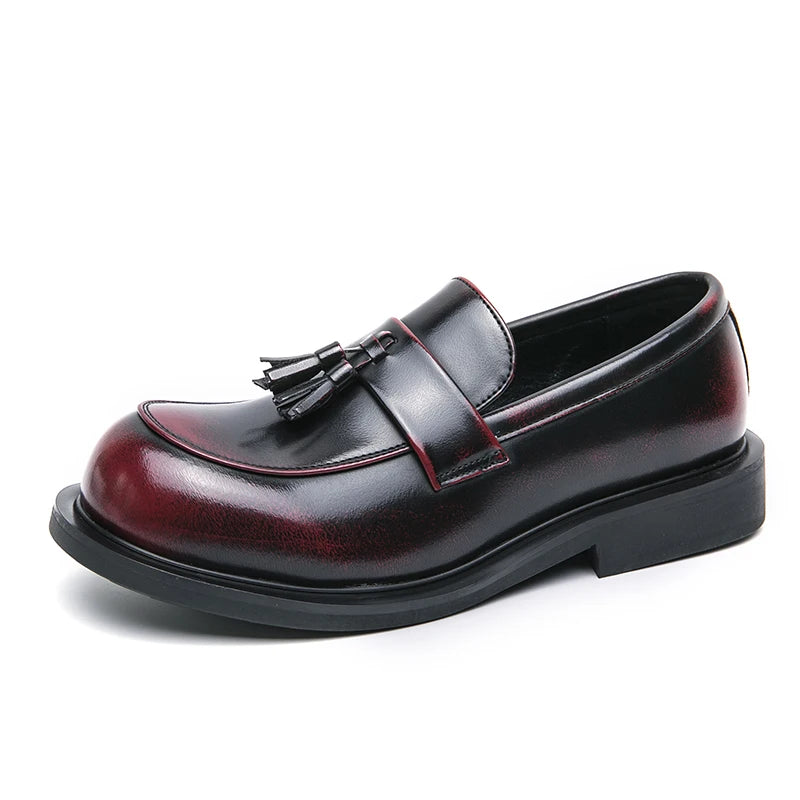 Men's British-Style Black Red Leather Loafers, Tassel Detail 5CM Height Increasing Shoes for Office/Daily Wear
