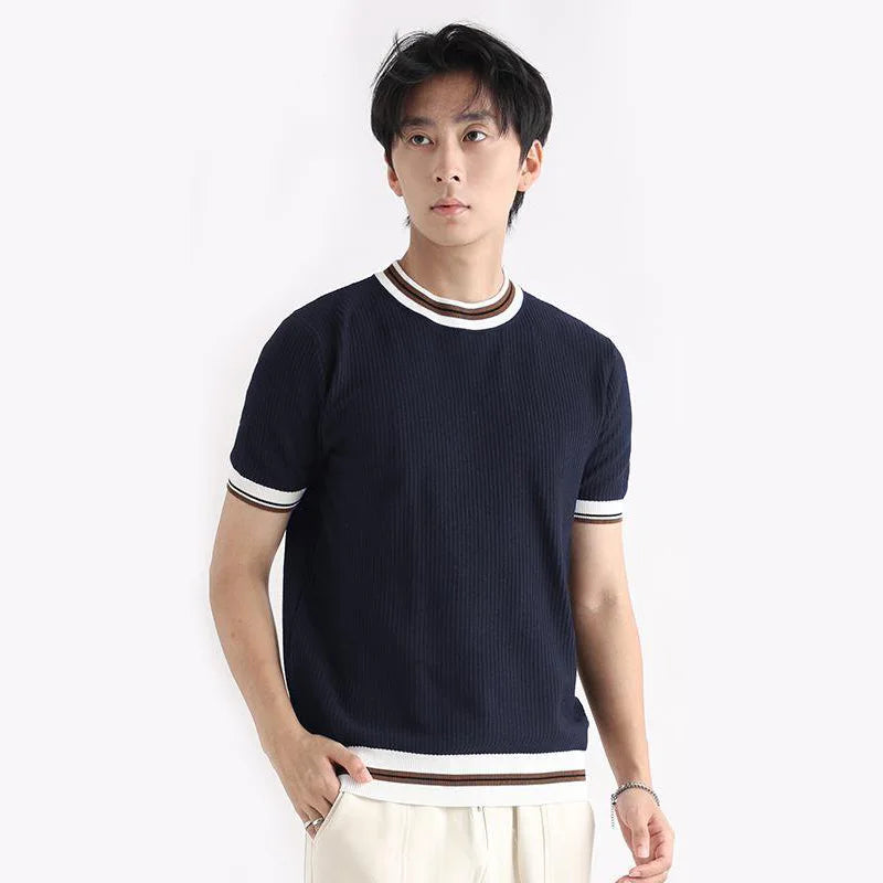 Men Summer Knitwear Vintage Fashion Loose Business Casual Short Sleeve Knitted T Shirts Man Cool Breathable Sweater T-shirt