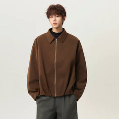 IEFB Back Pleated Design Men's Jackets Woolen Lapel Solid Color Curved Knife Sleeve Korean Style Zipper Male Coats Simple 9X1617
