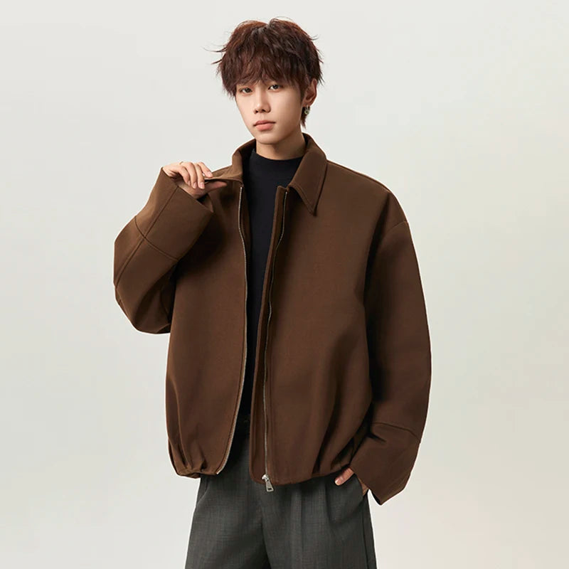 IEFB Back Pleated Design Men's Jackets Woolen Lapel Solid Color Curved Knife Sleeve Korean Style Zipper Male Coats Simple 9X1617