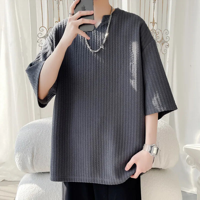 Summer Short Sleeved T-shirt Men Casual Pleated T Shirt Men Streetwear Hip-hop Loose Striped T Shirt Mens Top Large Size 5XL