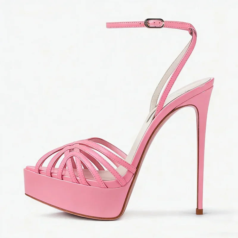 Pointed toe platform sandal with narrow band and thin heel