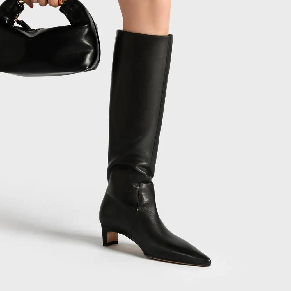 Square toe knee-high knight boot with mid heel in white cowhide
