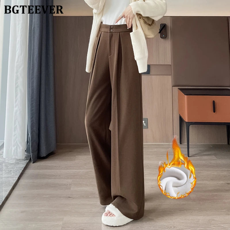 High waist floor-length wide-leg velvet trousers in thickened fabric