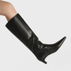 Square toe knee-high knight boot with mid heel in white cowhide