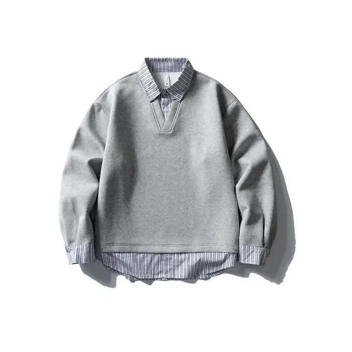 Autumn Splice Stripe Shirt Collar Oversize Sweatshirt Men Loose Casual Streetwear Fashion Pullover Sweatshirts Hoodie Tops