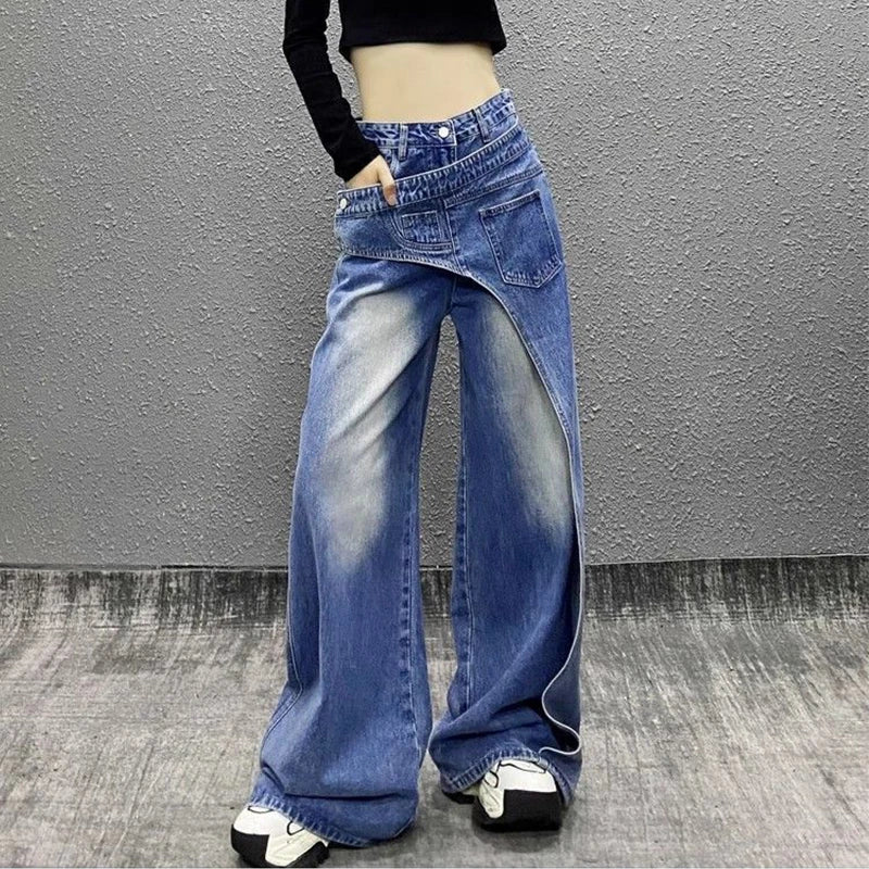 High waist wide-leg straight jeans in blue patchwork denim