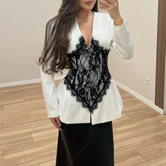 Black and white contrast lace blazer with V neck in slim fit