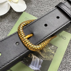 Snake pattern genuine leather belt with gold buckle in cowhide